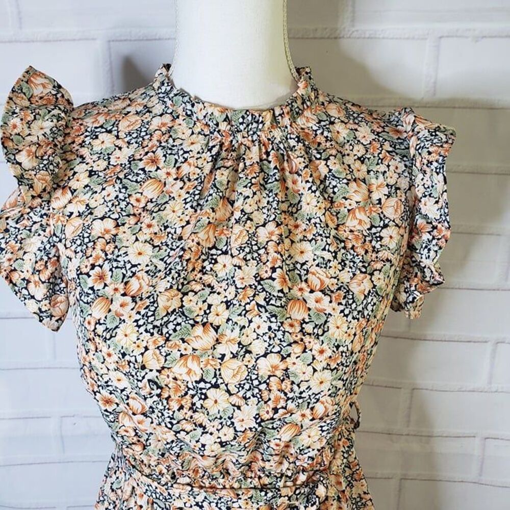SHEIN Clasi Orange Dainty Floral Sleeveless Ruffle Midi Dress womens S small